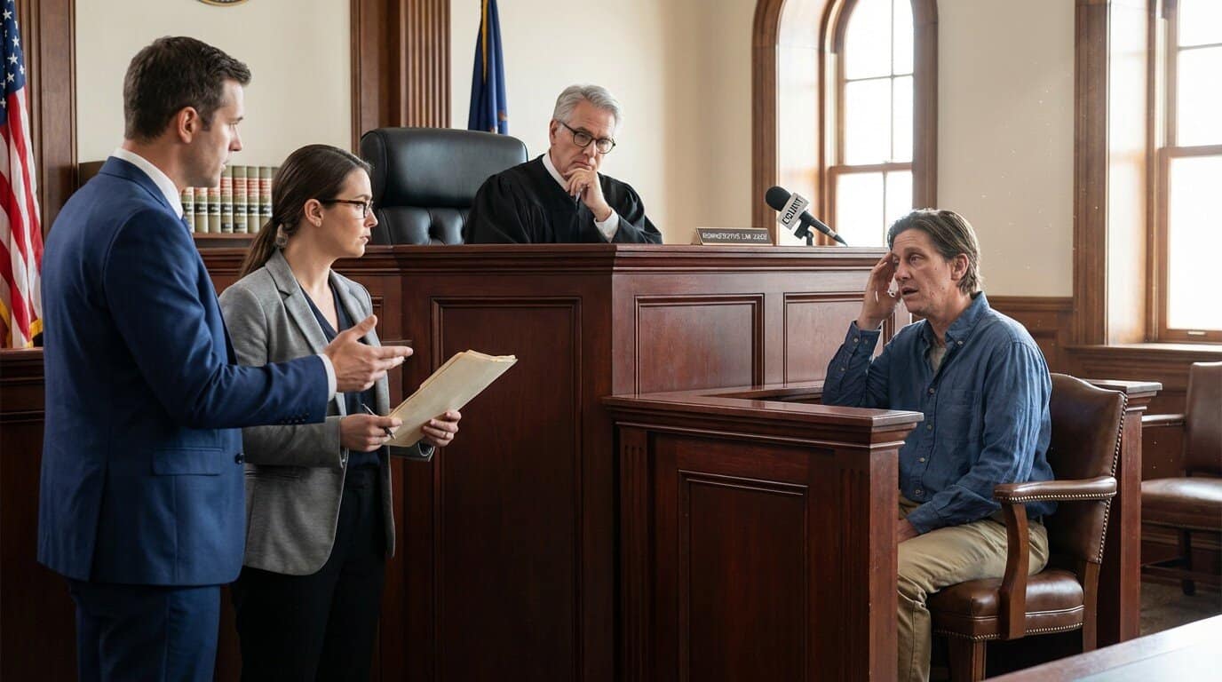 What Are Brain Injury Disability Benefits? Judge in black robes listens to a weary claimant testifying about memory loss at a mahogany judicial bench.