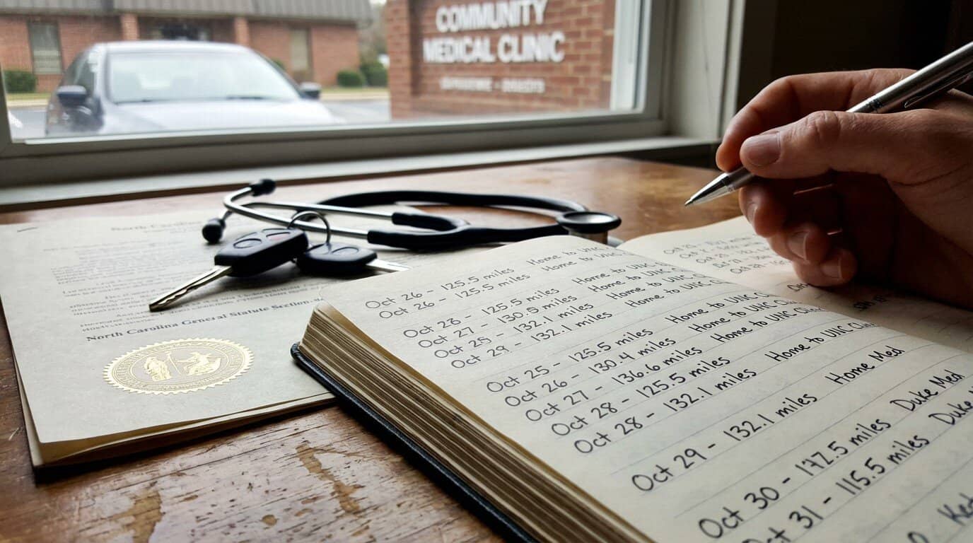What Does Workers Comp Pay for Mileage in North Carolina? Hand writes in a travel log on a wooden desk next to car keys, a stethoscope, and a gold-sealed North Carolina document.